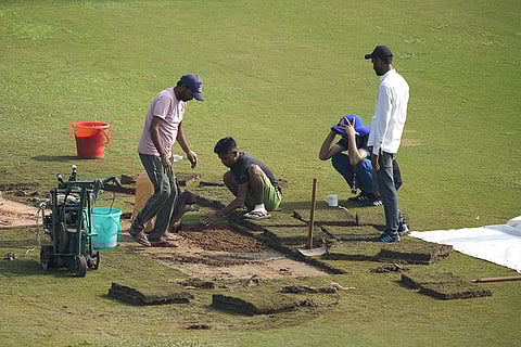 Afghanistan Vs New Zealand Test: Ground staffers prepare the ground before the start of the match